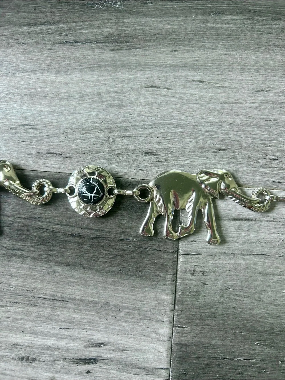 Vintage 90s Silver Plated Elephant Chain Belt w/ Faux Marble Stones